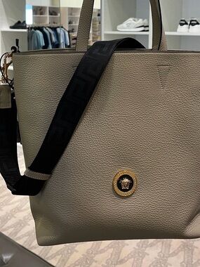 Versace Pebbled Leather Tote in Taupe with Black Strap and Gold Medallion